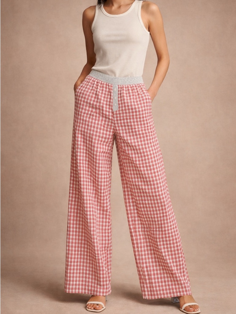 Sincerely Jules Rose Gingham Wide-Leg Pants